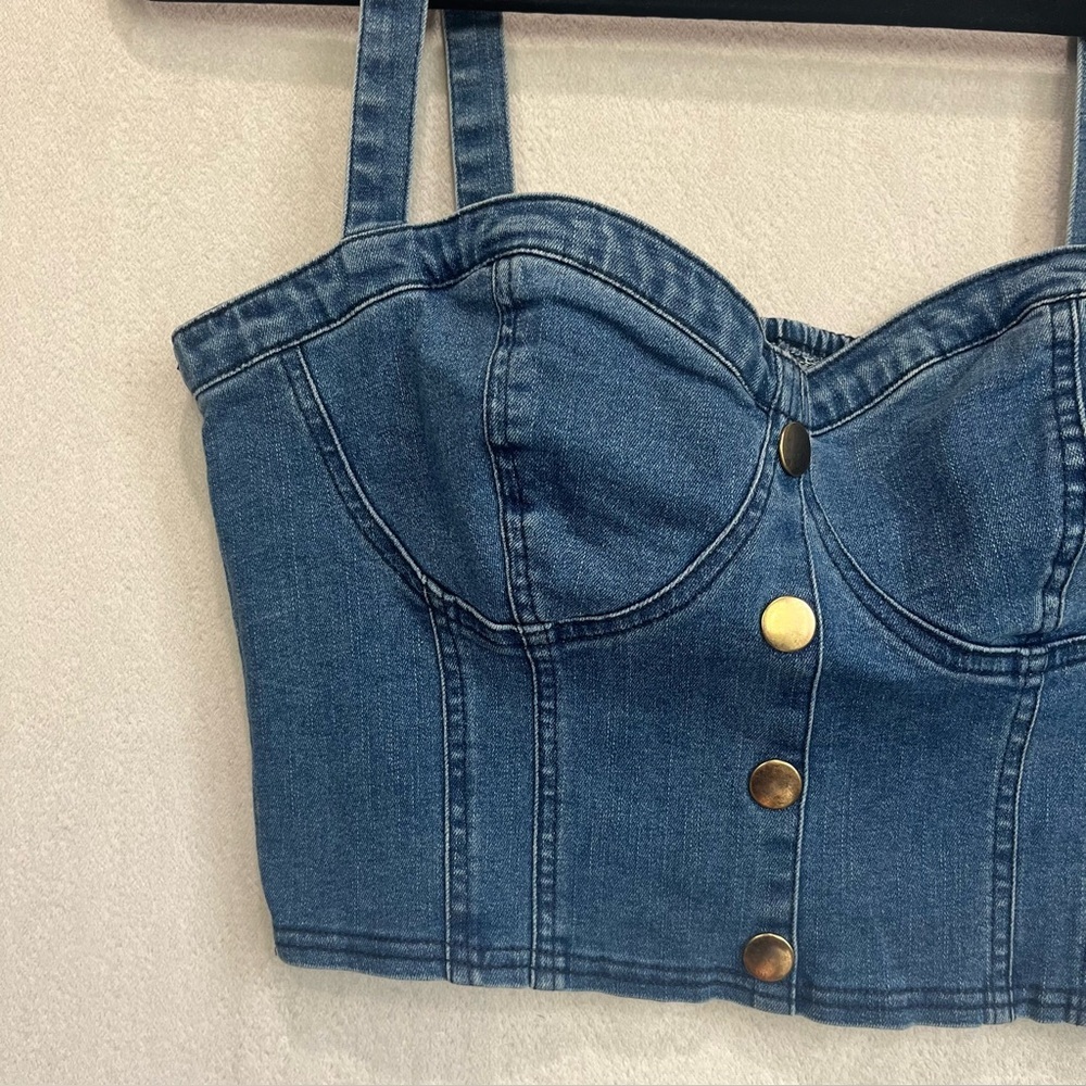 Y2K Guess Fitz Cathy Denim Bustier Top Sz Large Vintage Inspired Gold Buttons - Picture 5 of 13